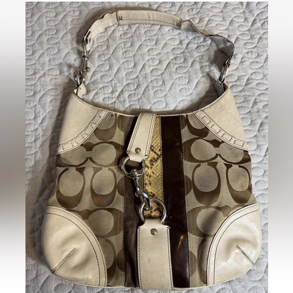 Coach Handbags - Coach Signature Hobo Brown Beige Canvas /Python /Leather Stripe Front Satchel